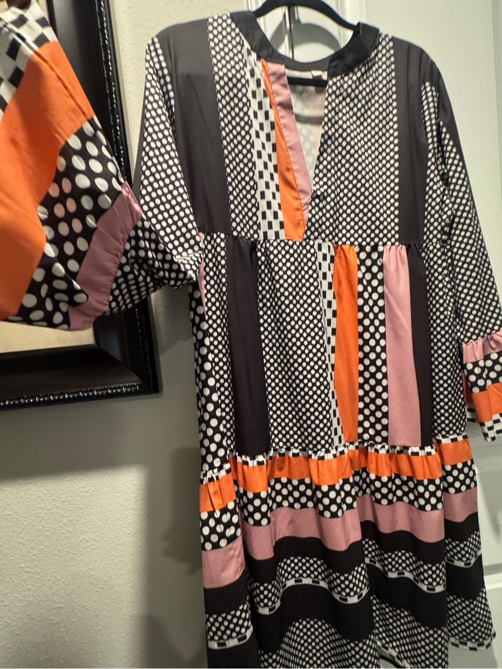 Polka Dot Stripe Tiered Midi Dress in Black with Orange & Pink Accents